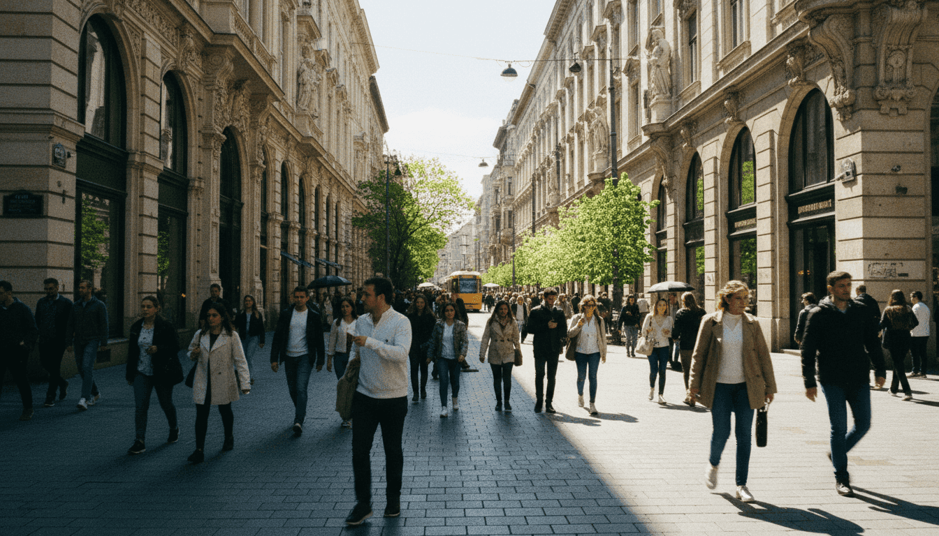 A bustling street scene in Budapest, Hungary, with people walking past historic buildings, symbolizing the public mood as Hungary's Viktor Orban faces political unrest.