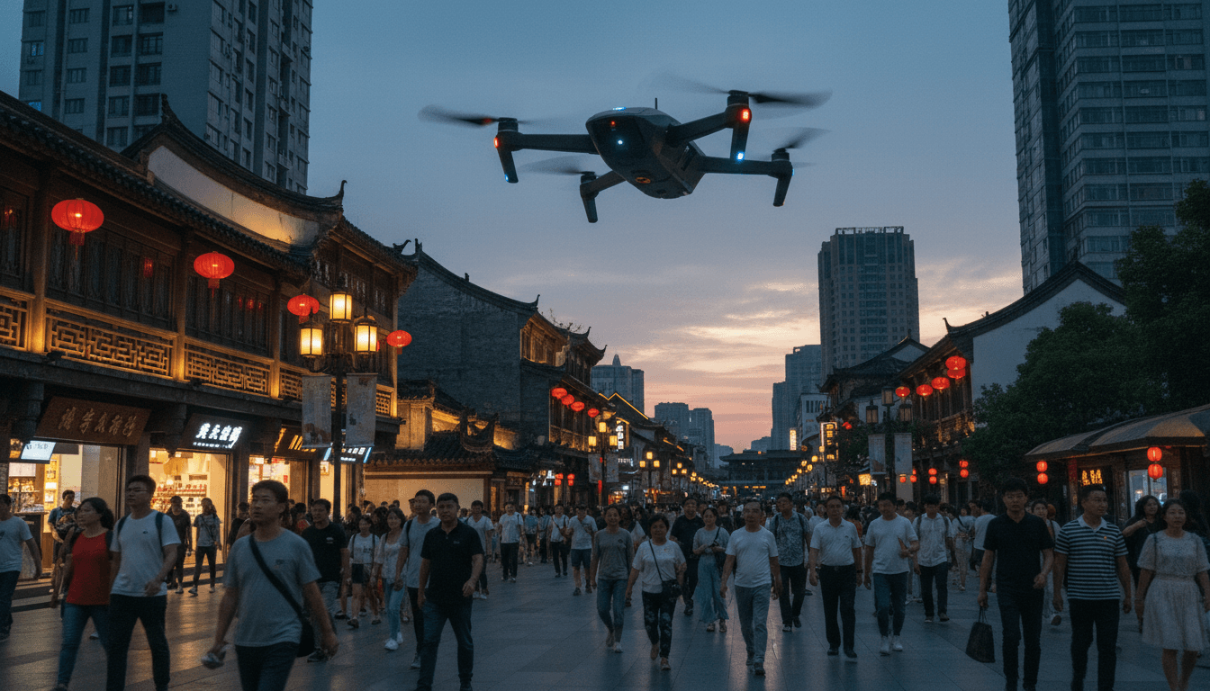 A drone flying over a bustling city street, illustrating China's drone industry control