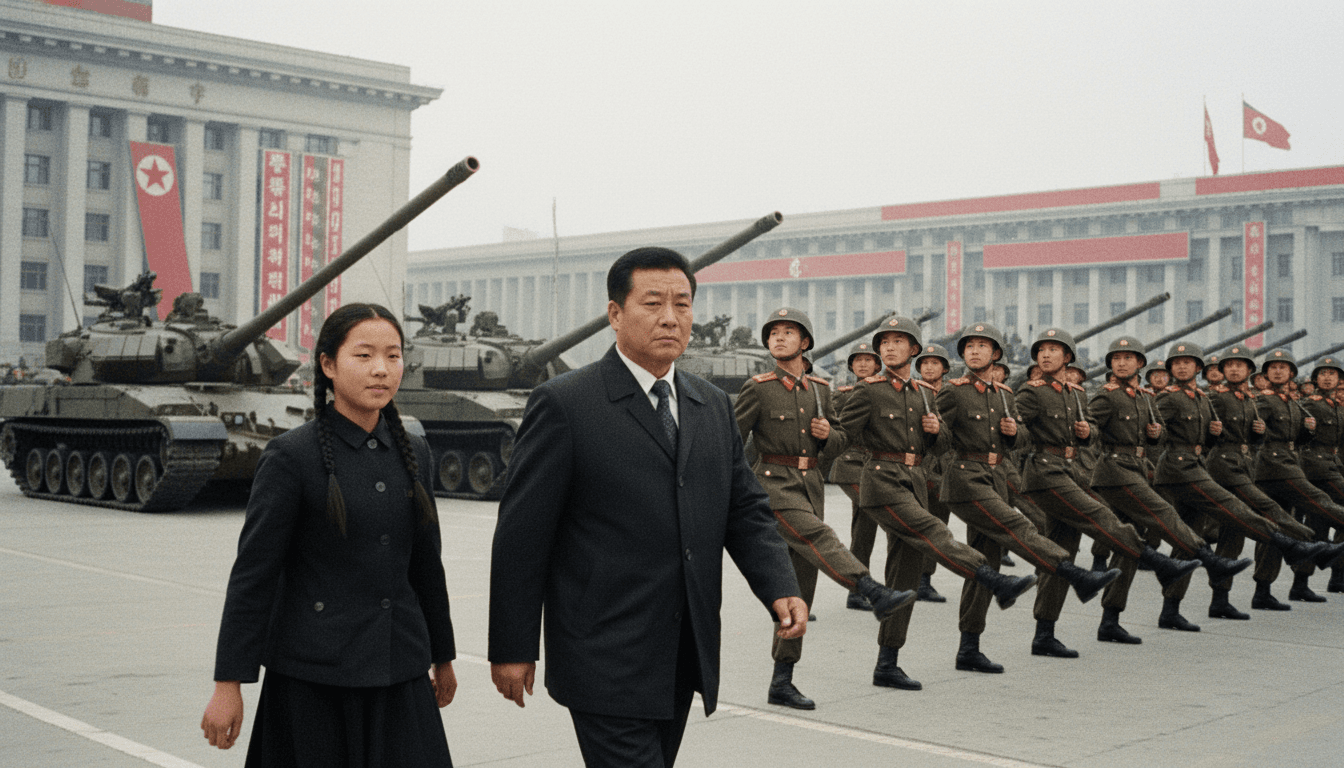 A candid, street-level view of a North Korean military parade featuring a young girl, likely Kim's daughter heir, walking alongside her father, with soldiers and tanks in the background.