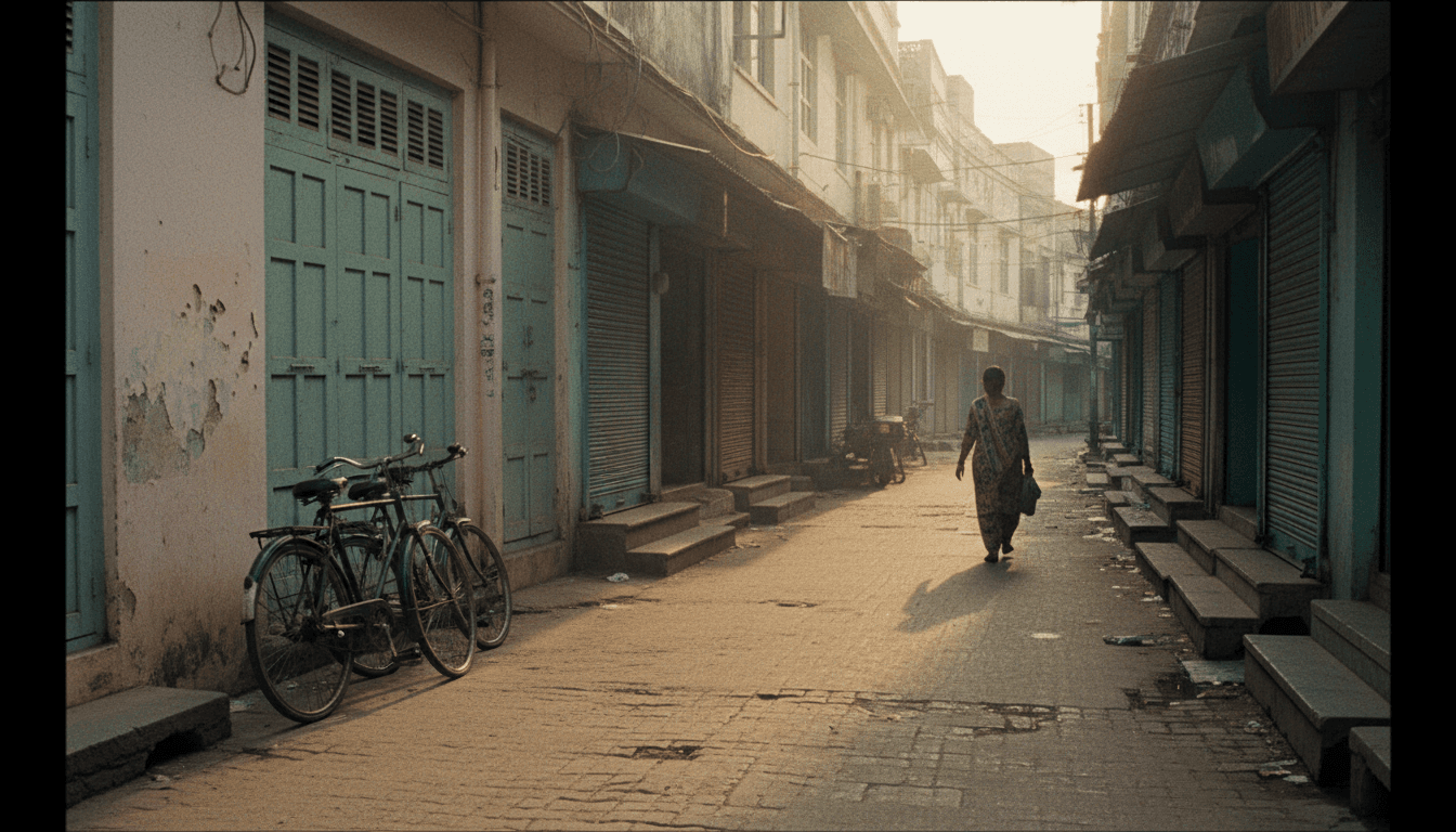 A street-level view of a quiet Indian town during lockdown, hinting at the context of the India Covid custody killings case.