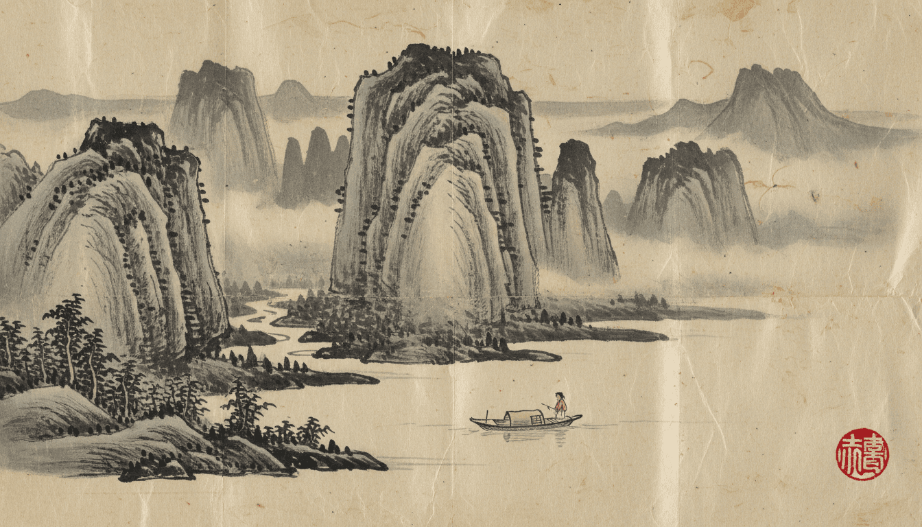 A close-up detail of a traditional Chinese ink brush painting depicting a serene landscape with mountains and a winding river, symbolizing the cultural and historical ties between Taiwan and mainland China, with a subtle hint of a red seal.