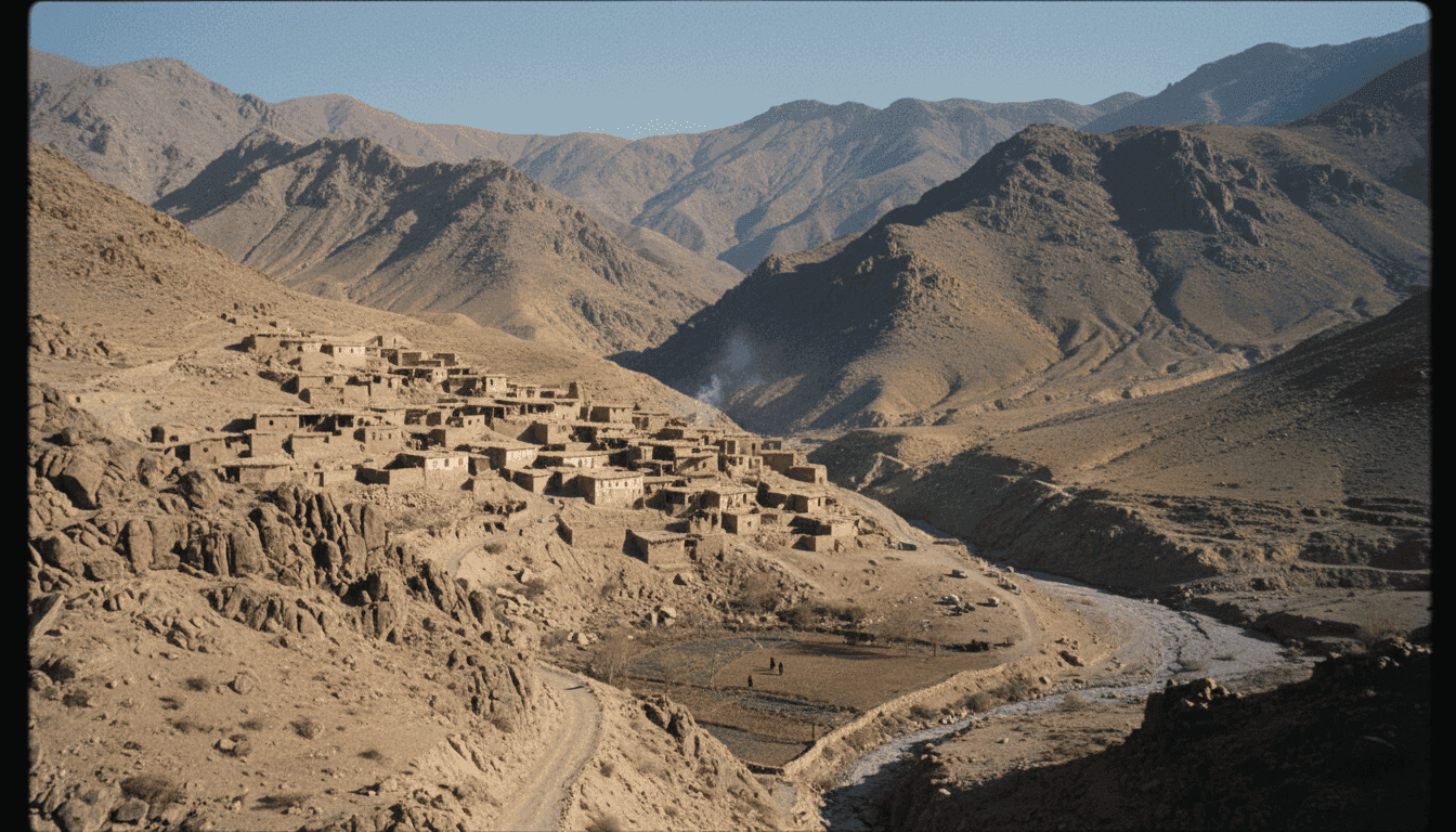 Aerial view of a remote, rugged mountainous terrain in Afghanistan, with faint outlines of a small, isolated village nestled among the peaks, reflecting the challenging environment where alleged Australia war crimes charges occurred.