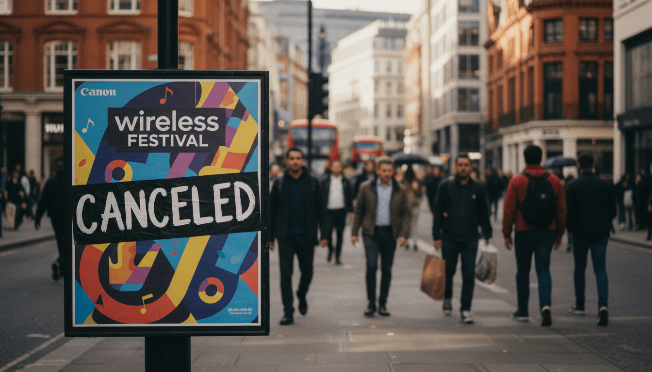 A street-level candid shot of a cancelled Wireless Festival sign with 'Kanye West UK entry' text subtly visible in the background.