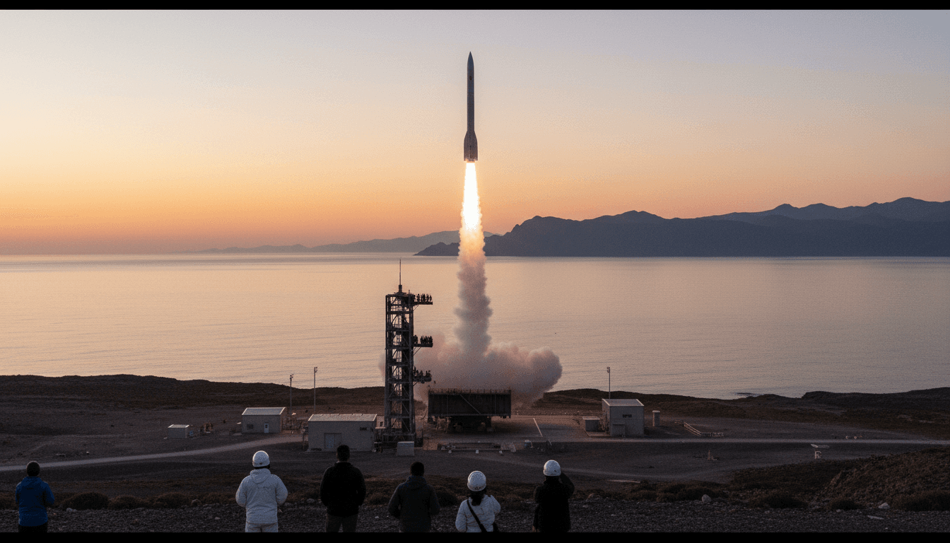 A launch site for North Korea missile launches with a projectile rising into the sky.