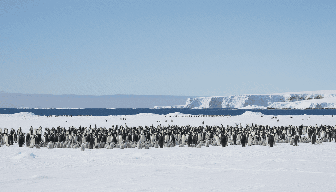 A wide shot of an emperor penguin colony on a vast expanse of fast ice in Antarctica, depicting the emperor penguin drowning crisis habitat.
