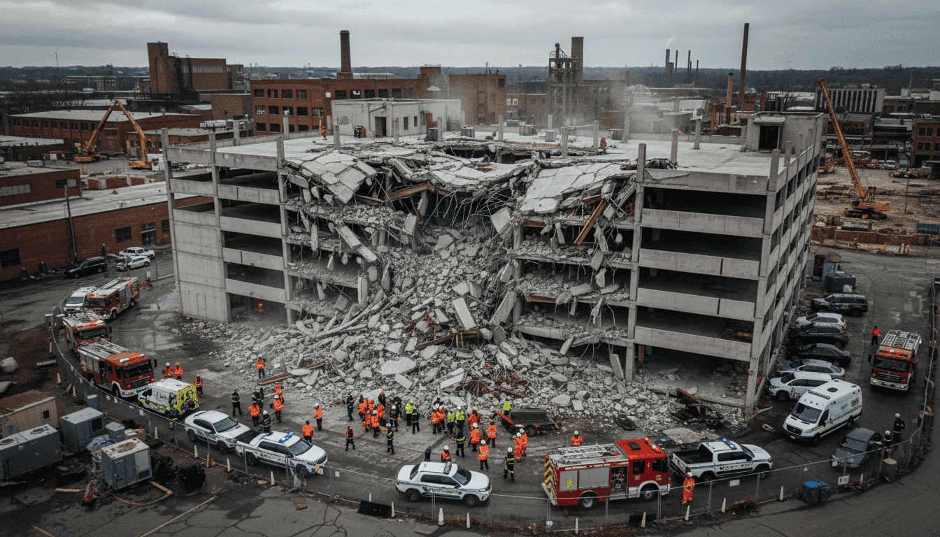 Rescue workers and emergency vehicles at the scene of the Philadelphia parking garage collapse, with debris visible.