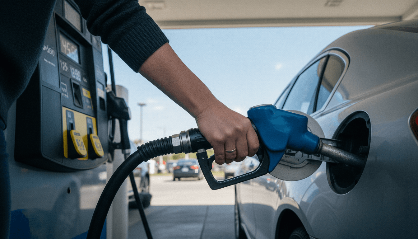 A hand holding a fuel nozzle, actively pumping gas into a car, with the price display on the pump showing rising US gasoline prices.