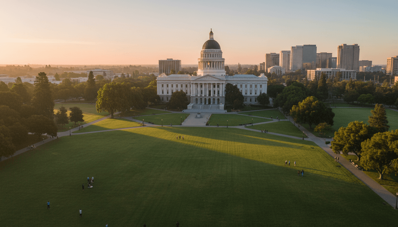 A wide shot of the California State Capitol building at dawn, symbolizing the political implications of the California governor's race sexual assault allegations.