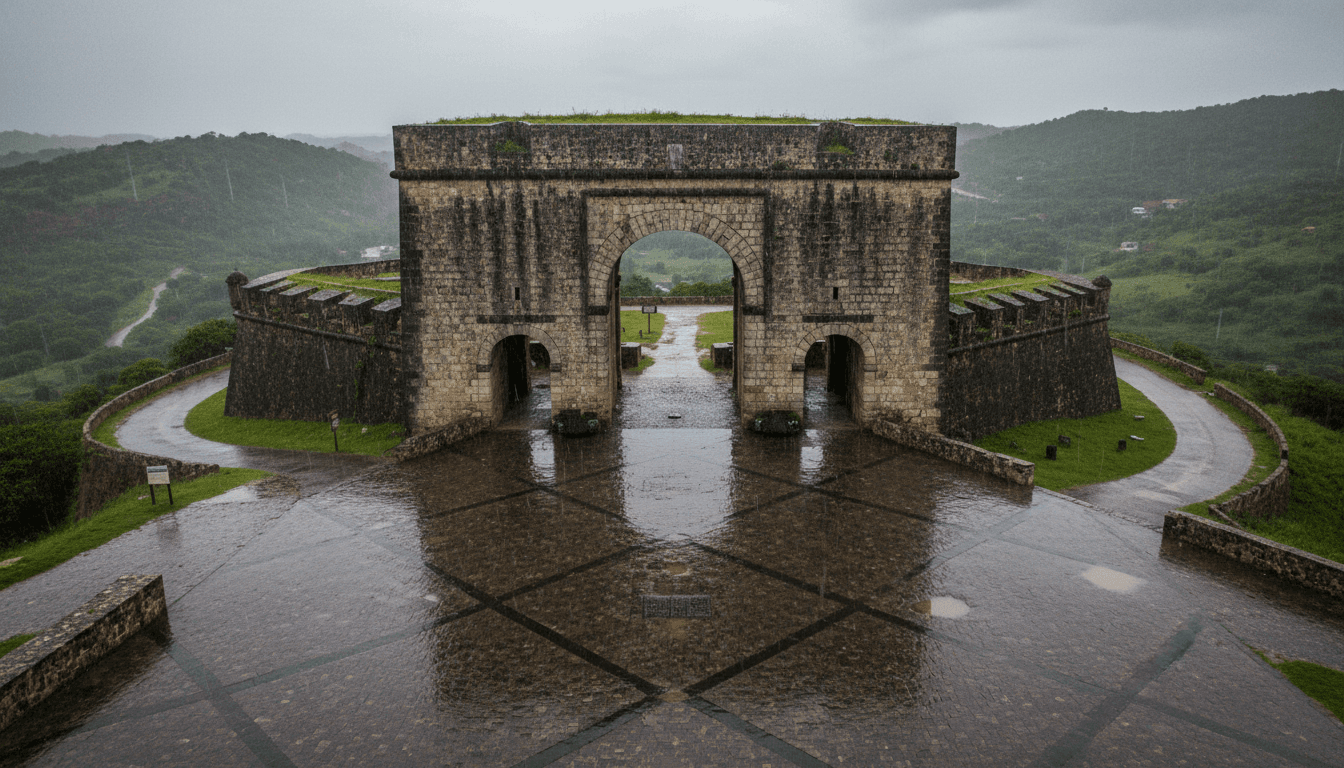 An empty, rain-slicked entrance to the Citadelle Henri after a Haiti tourist site crush.
