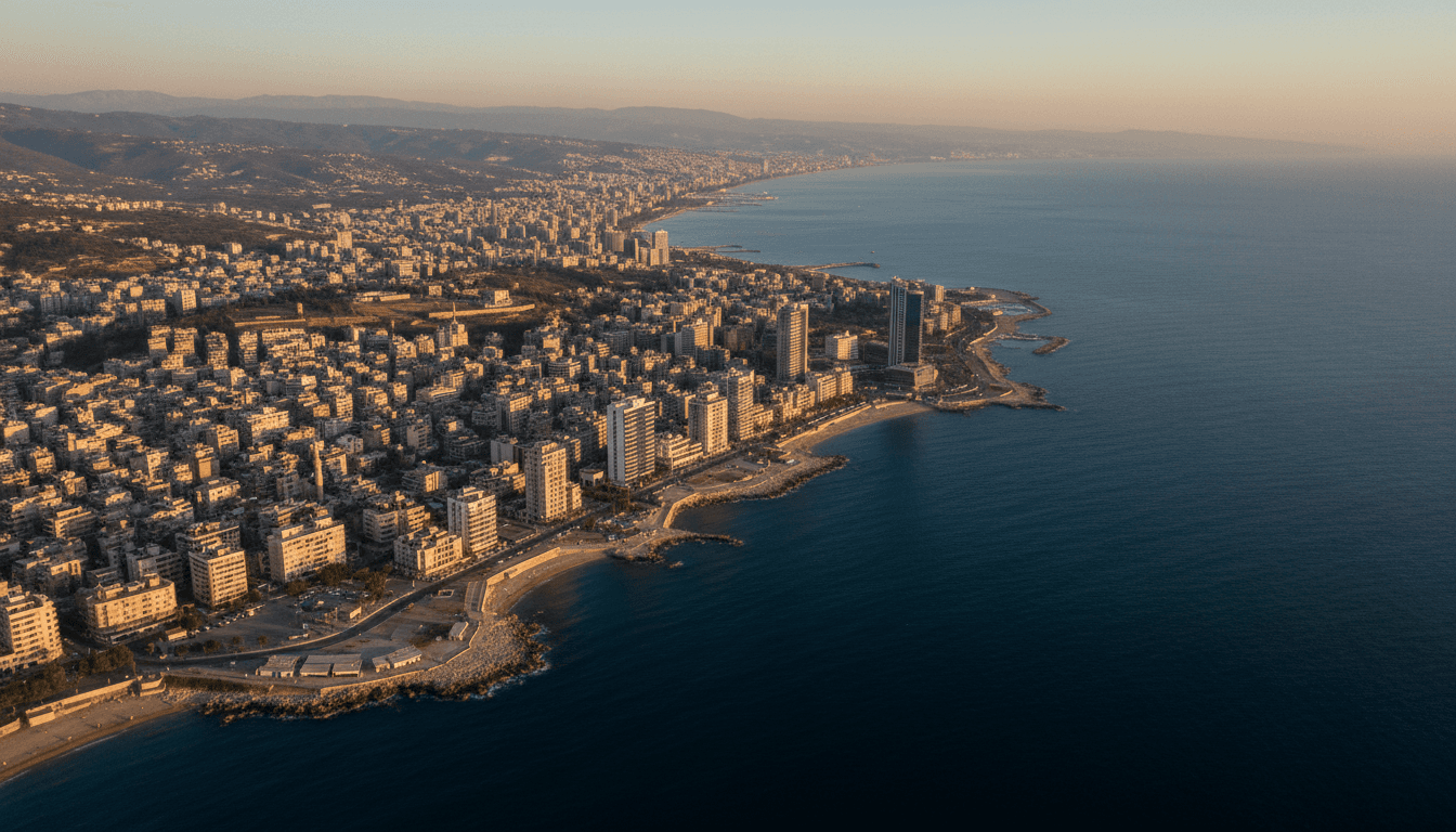 Wide shot of the Lebanese coastline with a city in the distance, symbolizing the nation where Hezbollah rejects Lebanon-Israel agreements.
