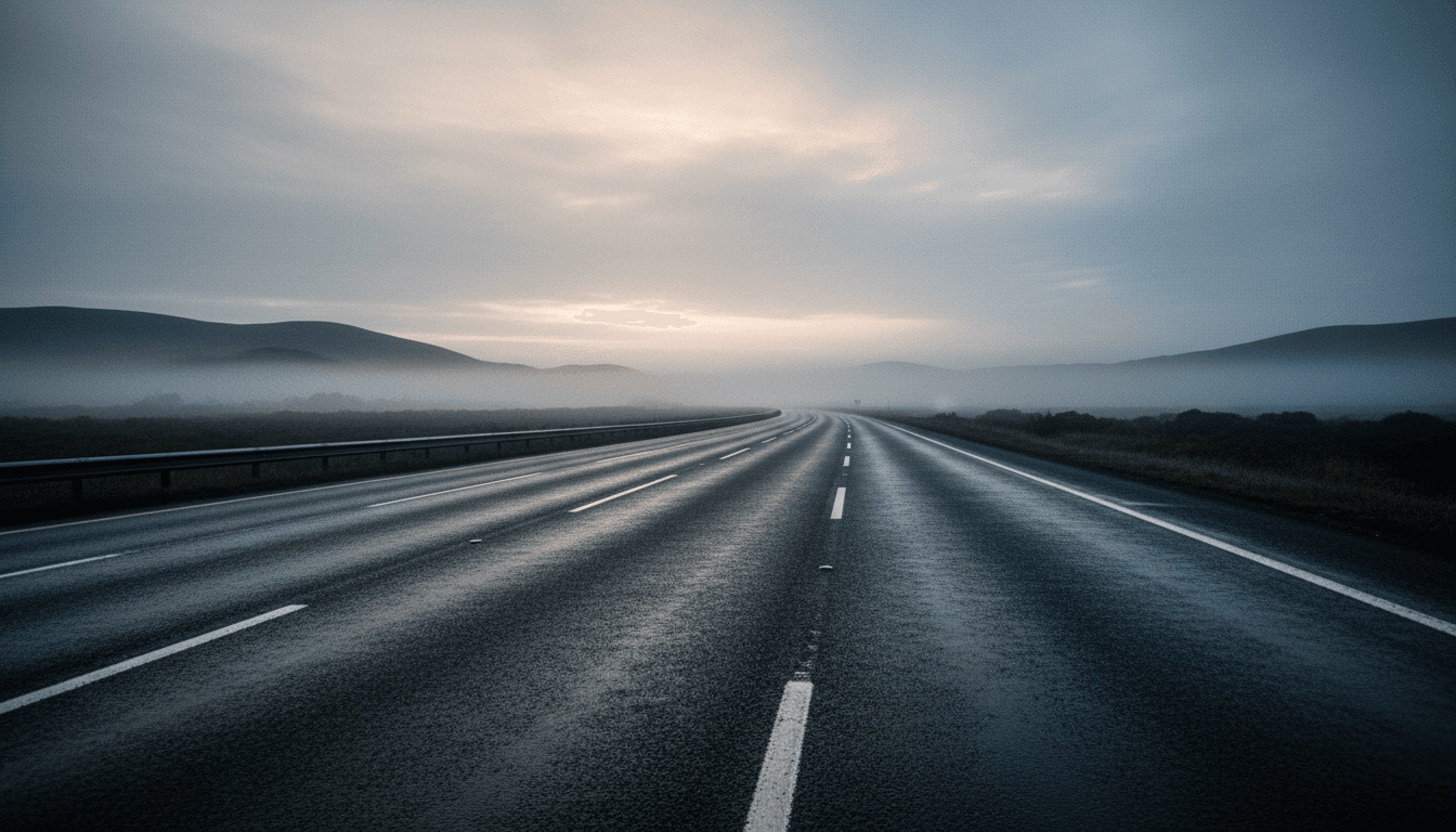 An empty, rain-slicked Irish motorway at dawn, devoid of traffic due to Ireland fuel protests.