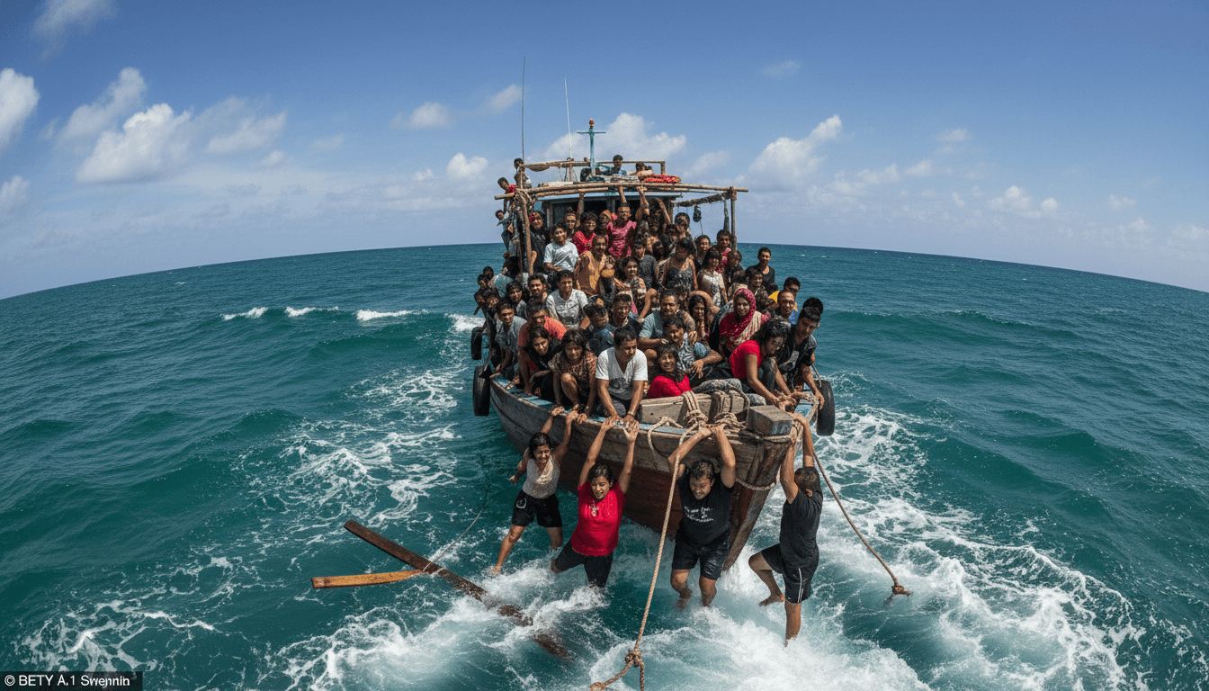 A distant shot of a small, overcrowded migrant boat sinks Indian Ocean, with people clinging to its sides amidst rough waves under a vast, open sky.