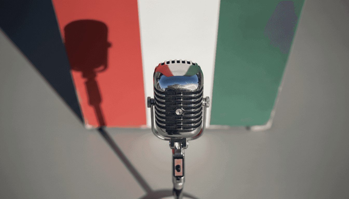 Close-up of a vintage microphone with the Hungarian flag subtly blurred in the background, symbolizing the Hungary media overhaul.