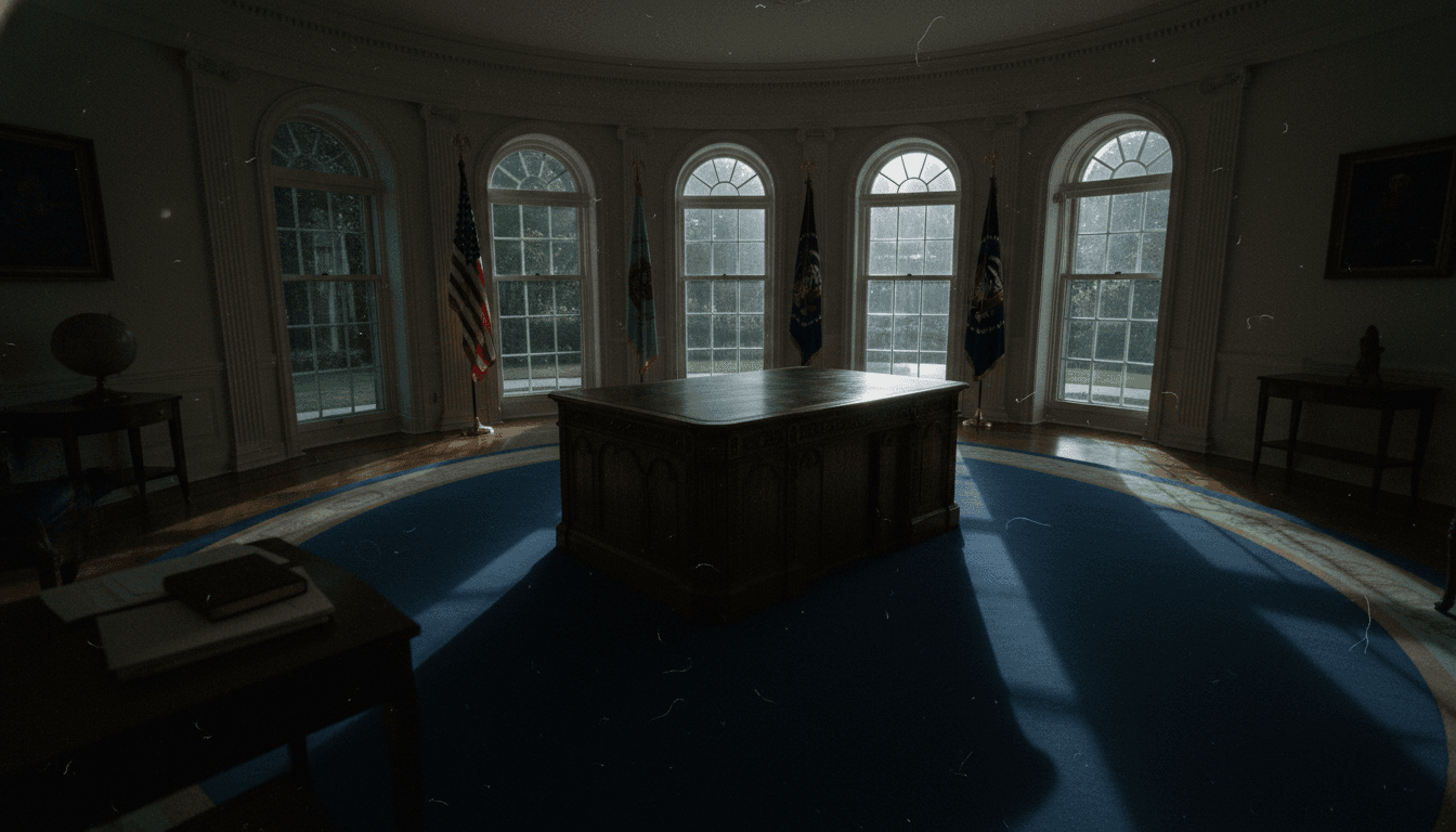 A silhouette of a figure standing before a dimly lit Oval Office, symbolizing the impactful decision to fast track psychedelics for mental health.