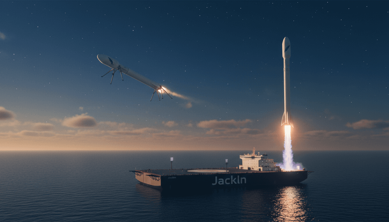A towering Blue Origin New Glenn rocket launch from Cape Canaveral, its first stage booster descending gracefully towards a landing platform vessel at sea, bathed in the golden light of dawn.