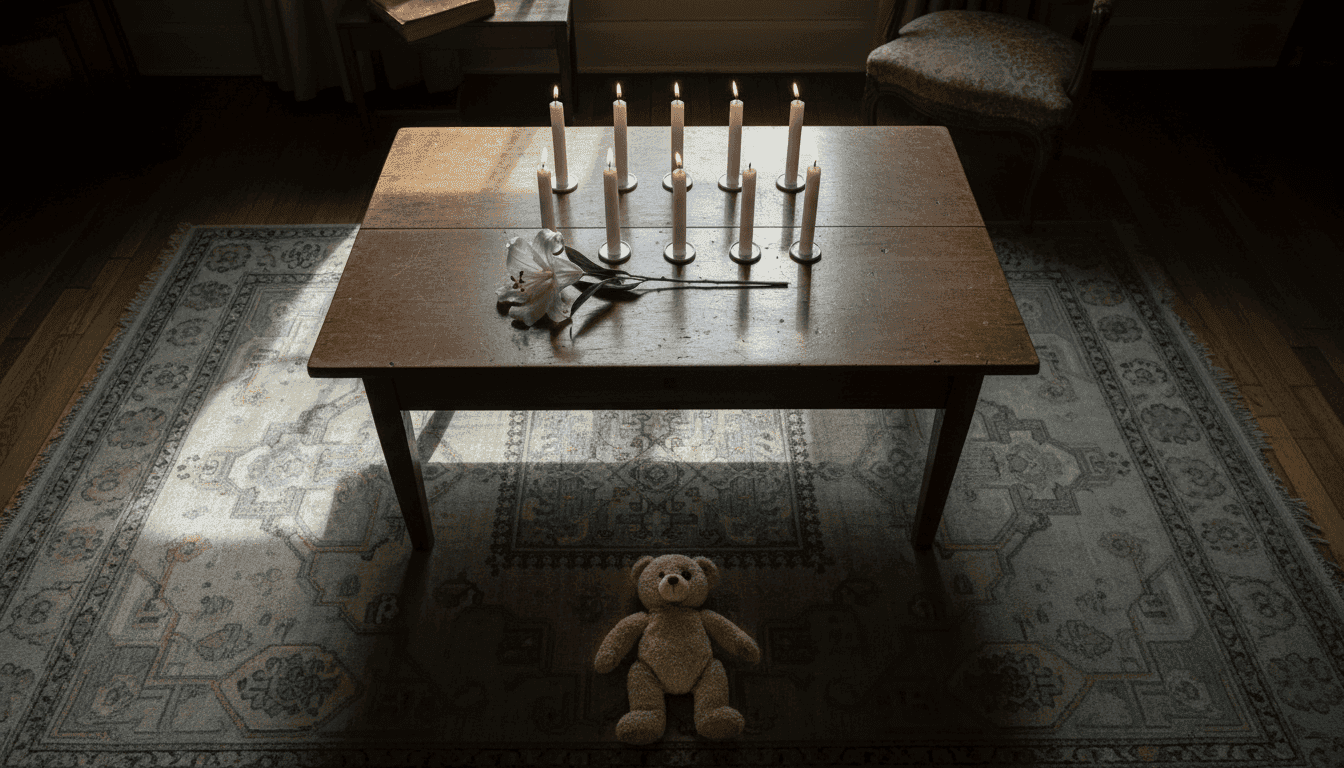 A somber still life arrangement with eight small, unlit candles, a single wilting flower, and a child's forgotten toy, symbolizing the tragic Louisiana mass shooting.