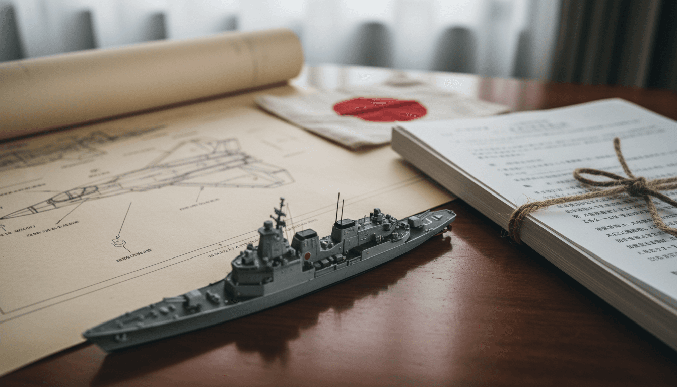 A detailed still life composition representing Japan loosens arms export rules, featuring a miniature Japanese destroyer model, a blueprint scroll of a fighter jet, and a stack of official-looking documents with a Japanese flag subtly in the background.