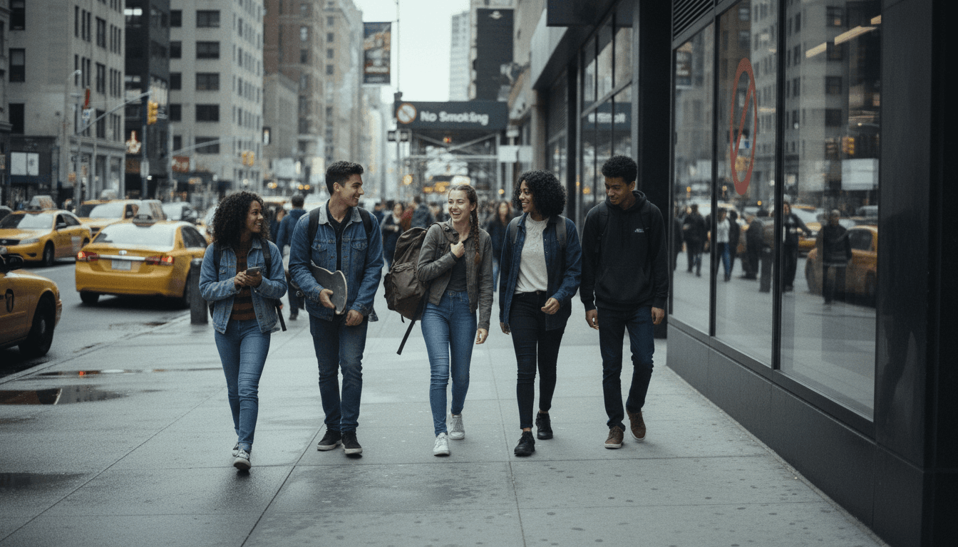 A candid street-level shot of a diverse group of young people walking past a brightly lit shop with a 'No Smoking' sign, symbolizing the UK smoking ban.