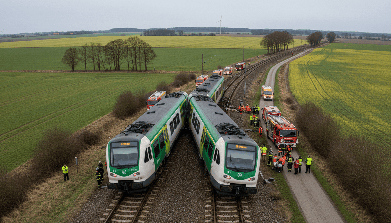 Rescue workers and emergency vehicles at the site of a Denmark train collision, with damaged train cars visible on the tracks.