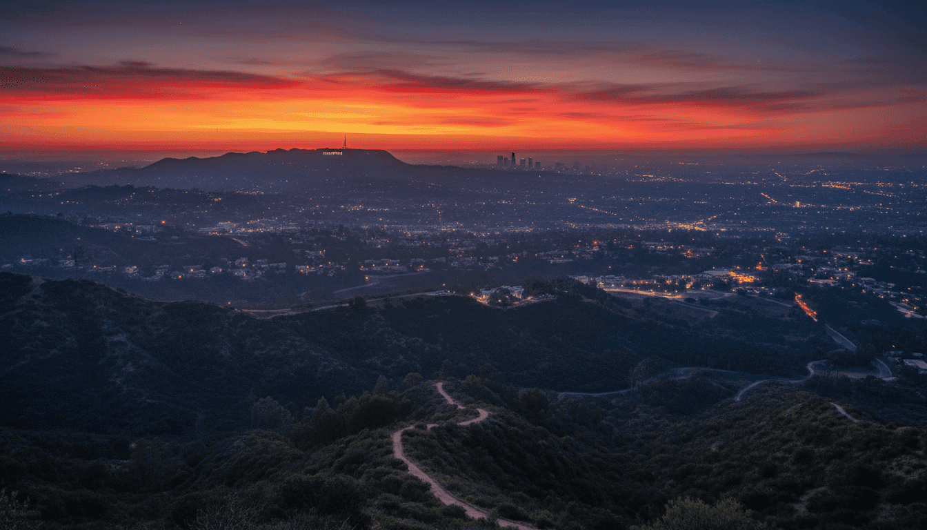 A cinematic, slightly melancholic view of the Warner Bros. Paramount merger impact on Hollywood skyline at dusk.