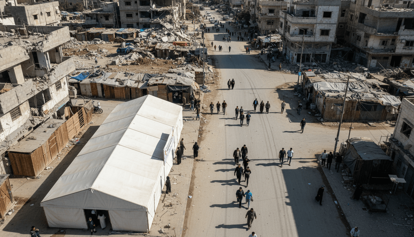 A bustling street scene in Deir al-Balah on election day, with people walking towards a polling tent for the Gaza local elections.