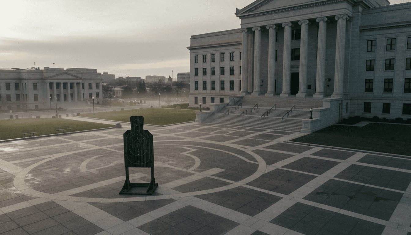 A conceptual image illustrating the Justice Department allows firing squads decision, with a blurred background of a federal building.