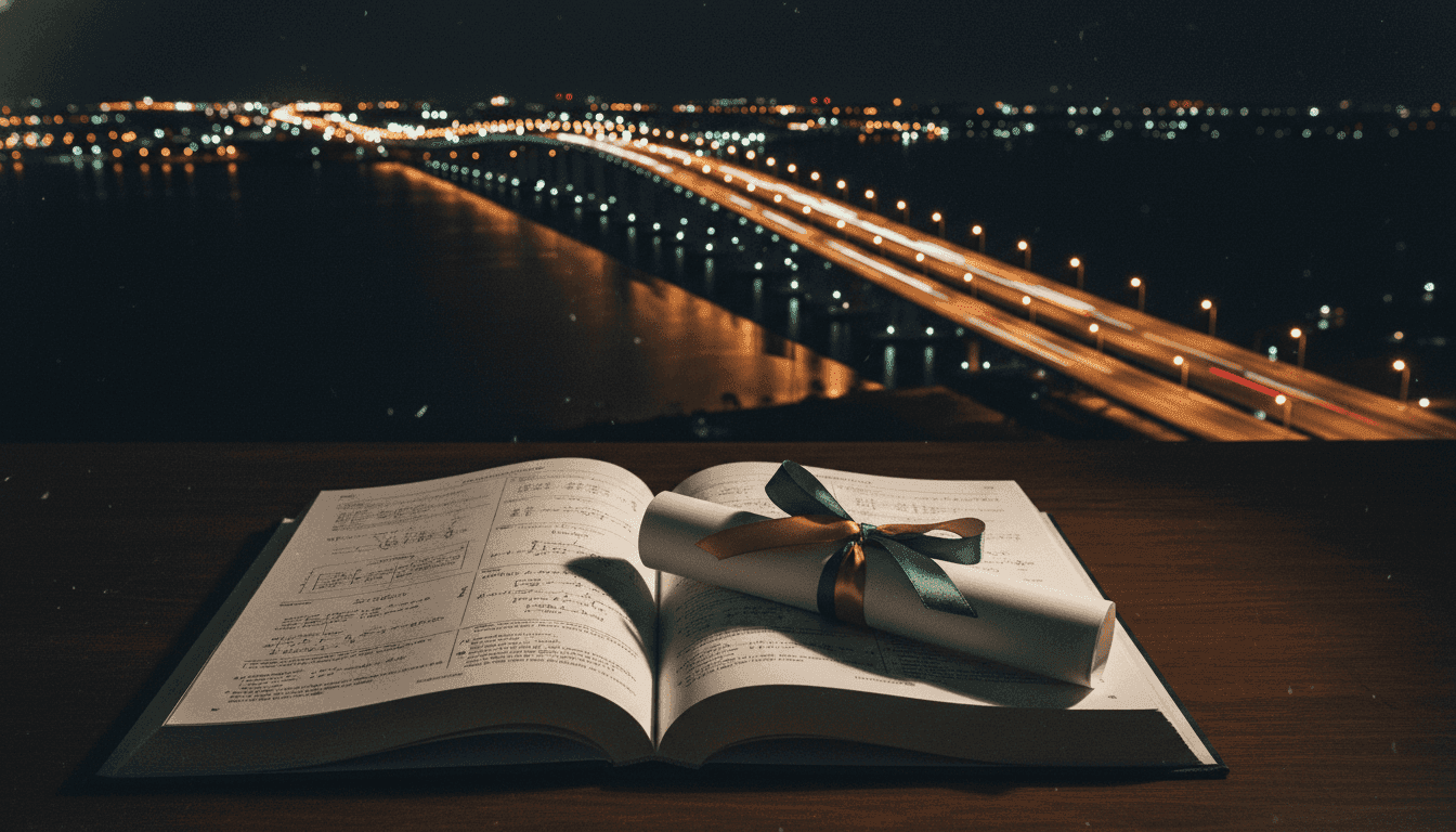 A composition of items related to the USF students murder charges: a USF diploma, a blurred image of the Howard Frankland Bridge, and a scientific textbook.