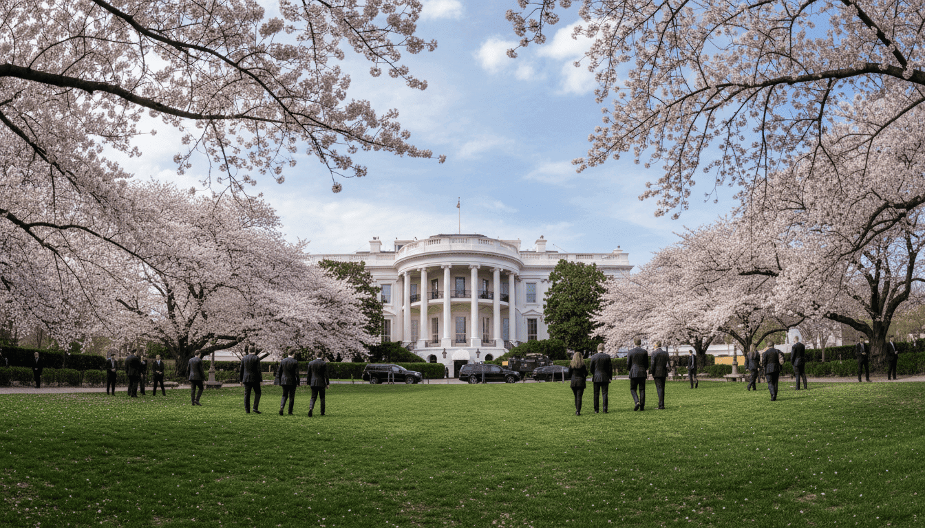 Wide environmental shot of the White House with a subtle security presence, emphasizing the King Charles US visit security discussions.