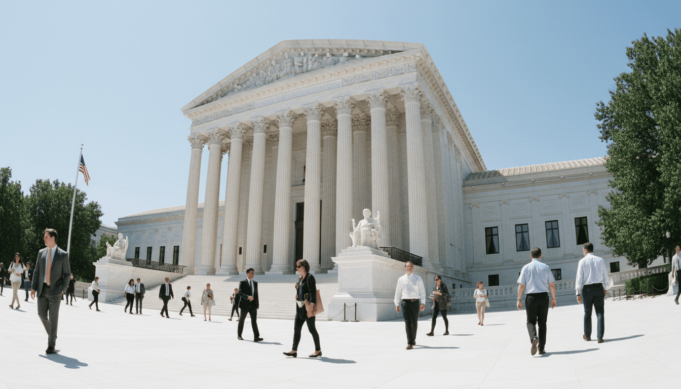 A wide, majestic view of the Supreme Court building, symbolizing the Supreme Court limits Voting Rights Act decision.