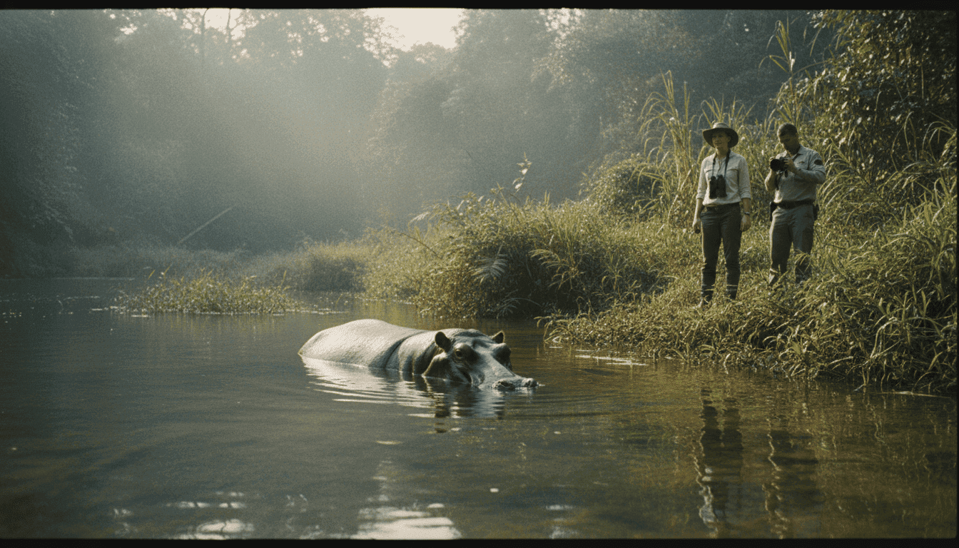 A vibrant, lush scene depicting a large, healthy hippo in a tranquil, clear river, symbolizing the new sanctuary for Pablo Escobar Hippos.