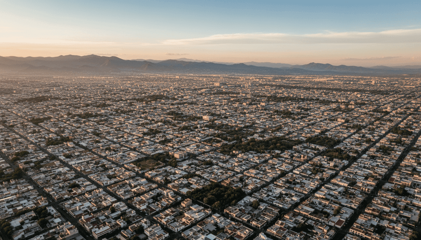 Aerial view of a sprawling city in Sinaloa, Mexico, with a focus on the contrasts between urban development and surrounding natural landscapes, symbolizing the complex environment where a Mexican governor accused of aiding drug cartel operates.