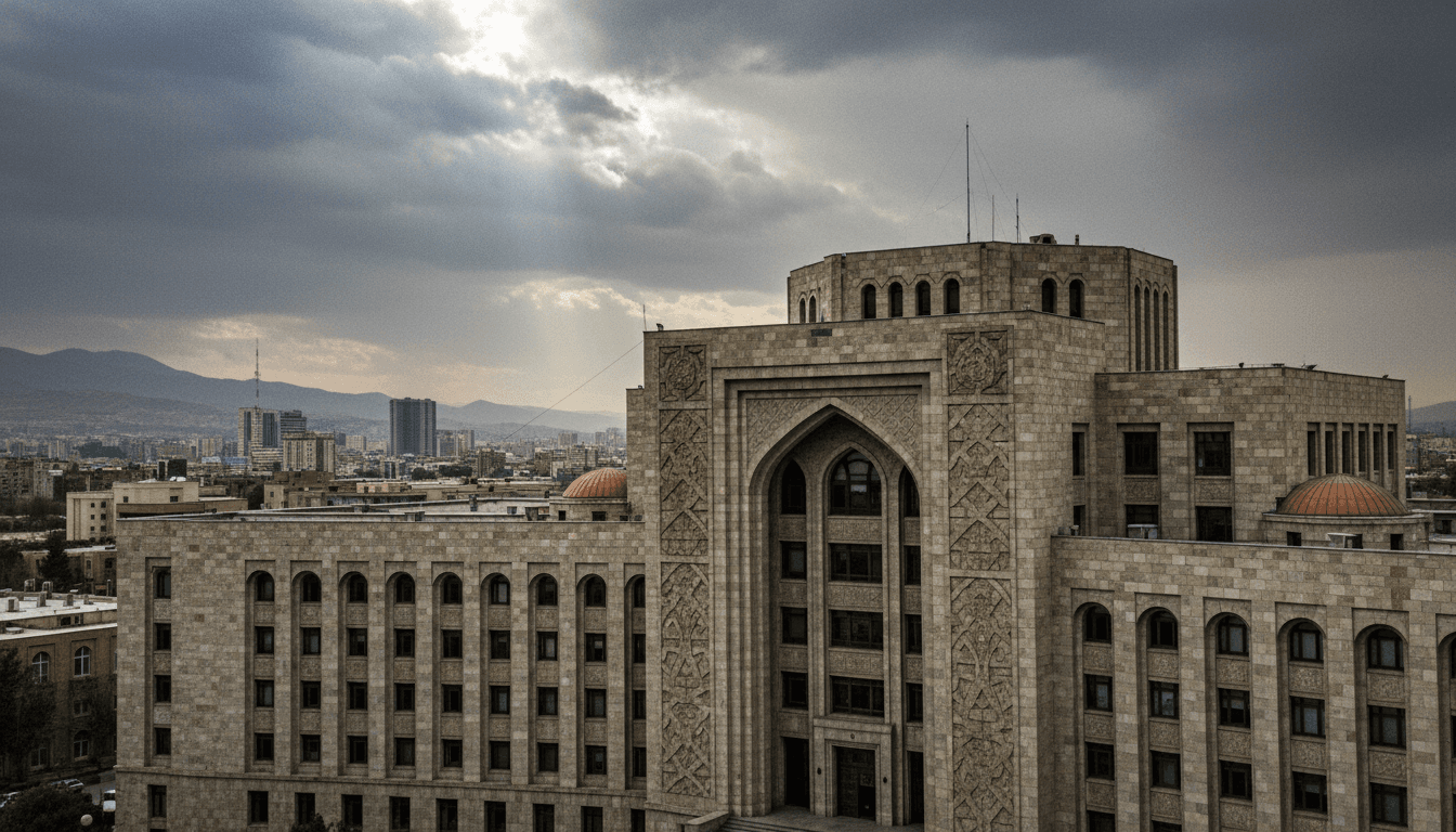 A wide environmental shot of a diplomatic building in Tehran, perhaps the Ministry of Foreign Affairs, under a dramatic sky, symbolizing the rejection of the Iran war ceasefire.