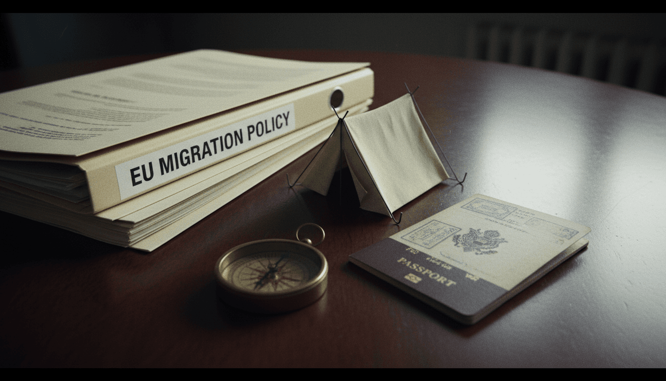 A composition of official EU documents, a small refugee camp tent model, and a compass pointing towards Europe, symbolizing the European refugee call for action.