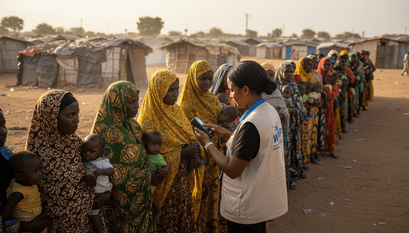 Sudanese refugees queue for food aid after biometric testing in Adré, Chad, highlighting the Sudan refugee crisis.