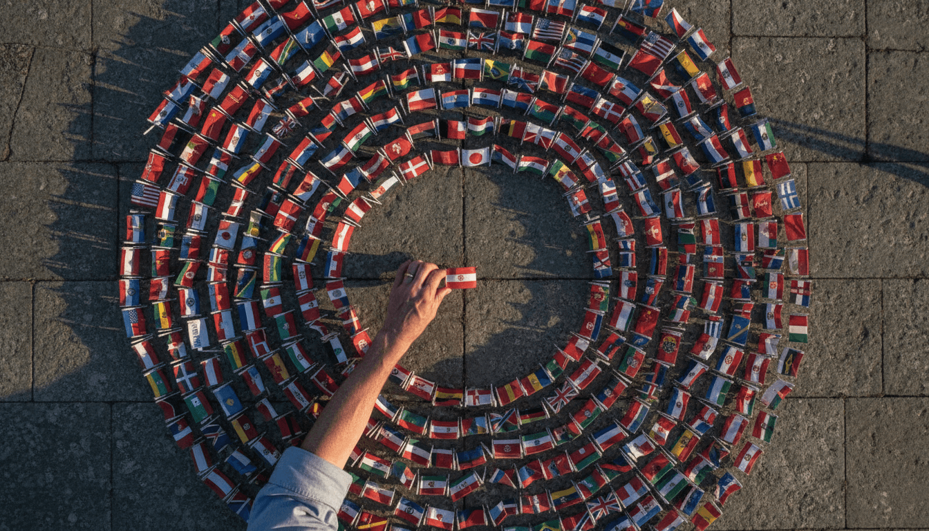 A hand placing a small flag representing a developing nation into a collection of flags, symbolizing the decline as international aid plummets.