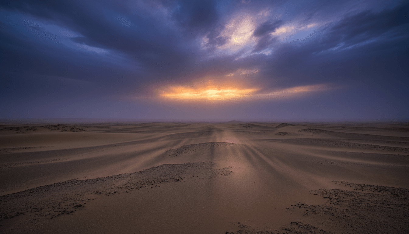 A desolate, windswept desert landscape under a dramatic, overcast sky, conveying the tense atmosphere of the US-Iran conflict.