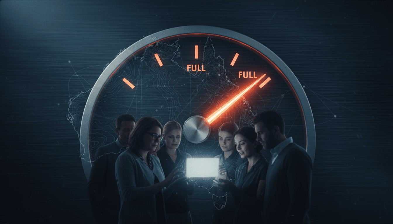 A digital representation of a fuel gauge rising rapidly, overlaid with a stylized Australian flag and subtle images of a television screen displaying an ad, symbolizing the Albanese government fuel crisis ad campaign.