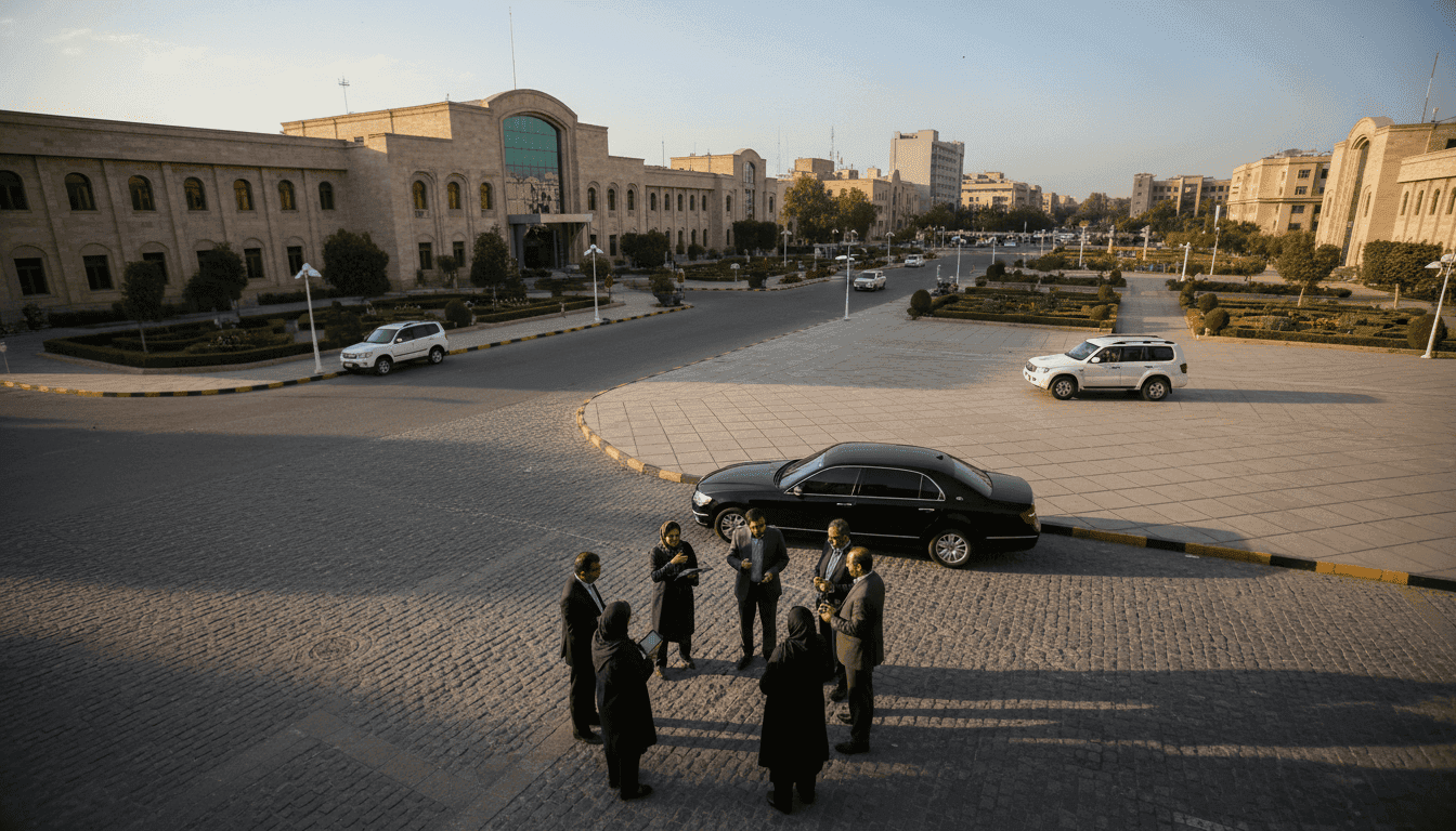 A dramatic US aircraft confrontation could be depicted by a street-level view of an Iranian embassy with concerned diplomats outside.