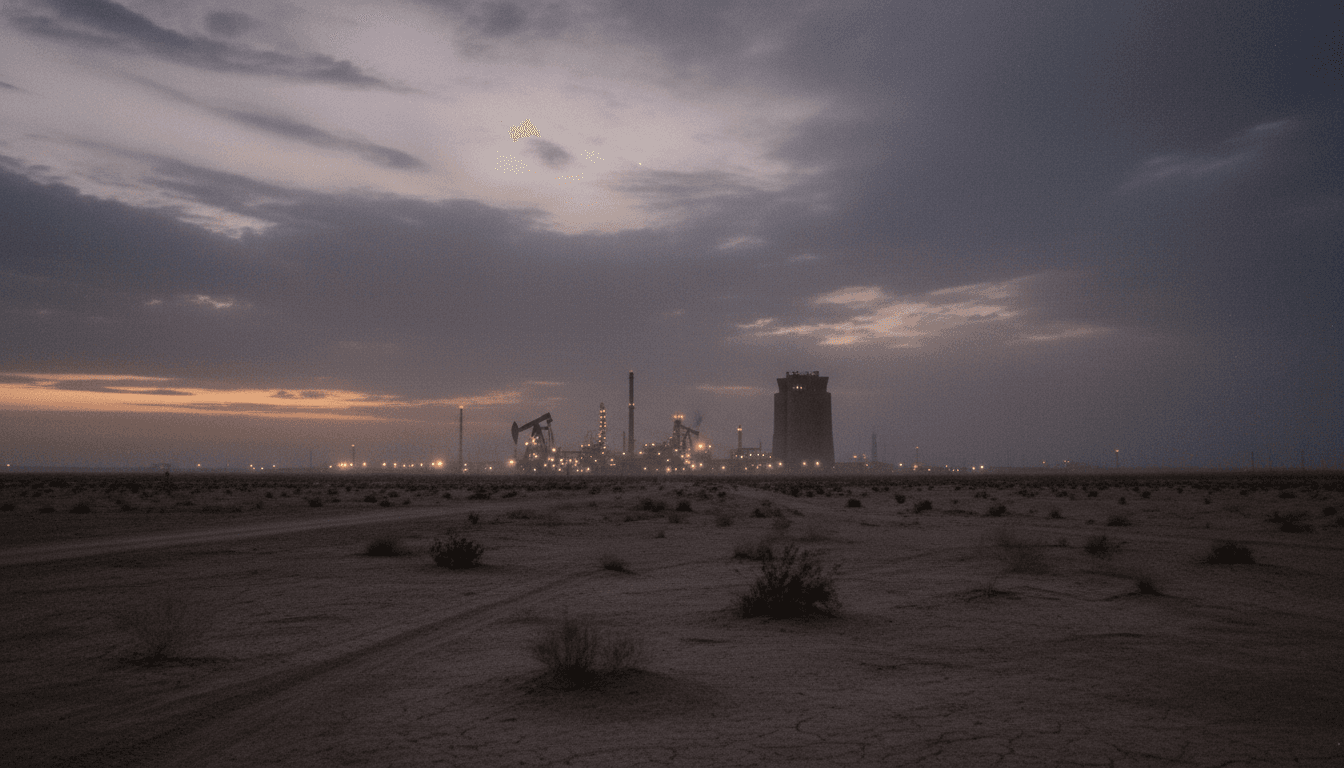 A desolate, windswept desert landscape at dusk, with the faint glow of distant oil infrastructure on the horizon, symbolizing the illicit Libya arms embargo violations and resource exploitation.