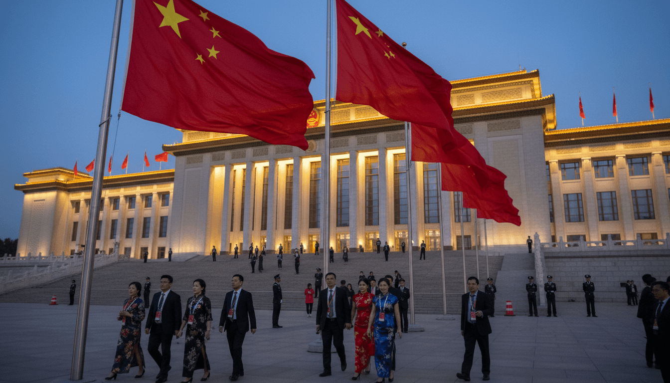 A wide shot of Beijing's Great Hall of the People at dusk, with red flags lining the grand entrance, symbolizing China's preparations for high-level diplomatic engagements like the Trump-Xi Summit.