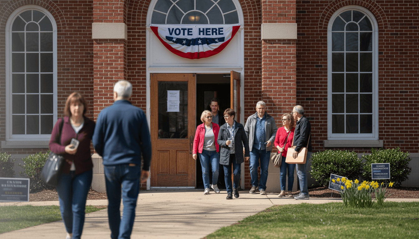 A street-level view of a local polling station in Virginia on election day, with people walking in and out, reflecting the Virginia special election results.