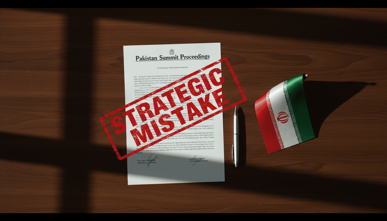 A formal diplomatic document with the words 'Pakistan Summit' and 'Diplomatic Error' stamped across it, next to a small Iranian flag.