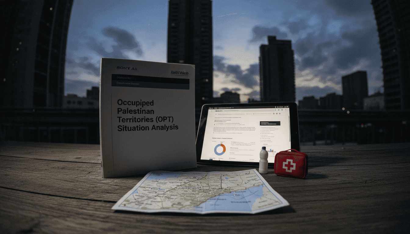 A collection of documents and digital tablets displaying a ReliefWeb OPT Crisis Situation Analysis report, alongside a map of the Occupied Palestinian Territories, a humanitarian aid worker's vest, and a stack of international aid boxes, symbolizing the ongoing crisis and response efforts.