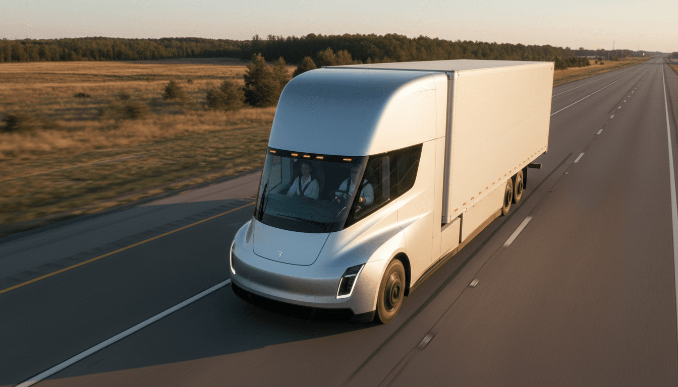 A Tesla Semi electric truck driving on a highway, symbolizing high-volume Semi production.