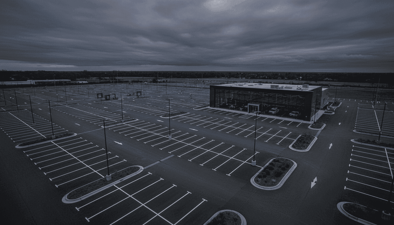 A Jaguar Land Rover dealership lot appears empty and quiet under a cloudy, overcast sky, emphasizing the gravity of the US recall of 170,000 cars.