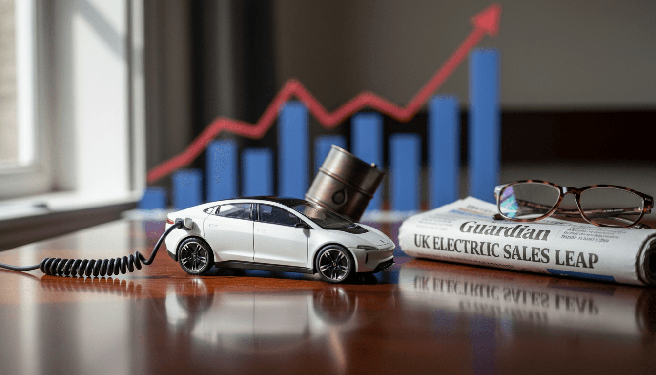 A charging cable connected to a sleek electric car, with a newspaper headline about 'UK electric car sales leap' and a gas pump with rising price numbers in the background, symbolizing the conflict.