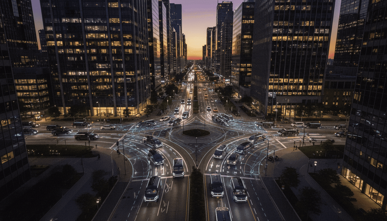 An aerial view of a futuristic city intersection with several self-driving cars, illustrating QCraft expands autonomous driving stack into advanced physical AI systems.