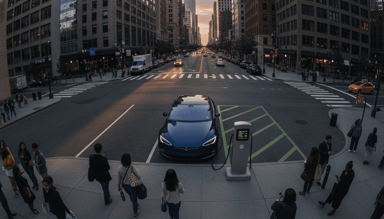 An electric car charging at a public station, displaying a screen with the new electric car charging technology interface.