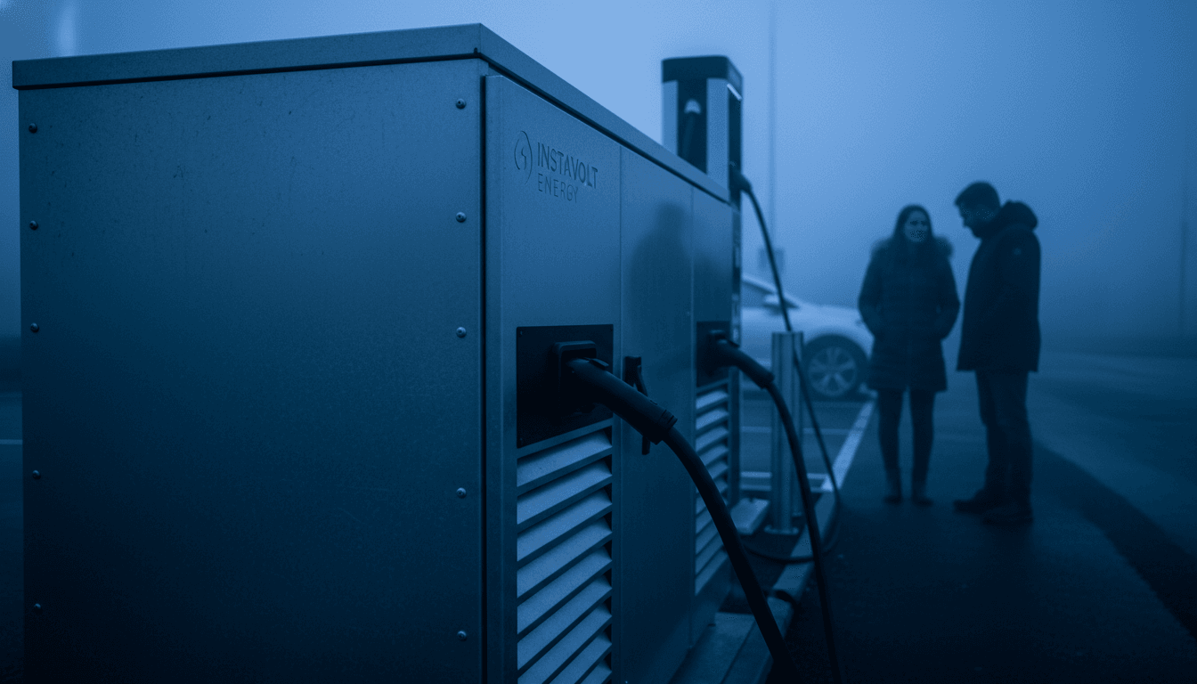 A close-up view of a sleek, modern battery energy storage unit integrated seamlessly into an InstaVolt EV charging site, with charging cables visible.