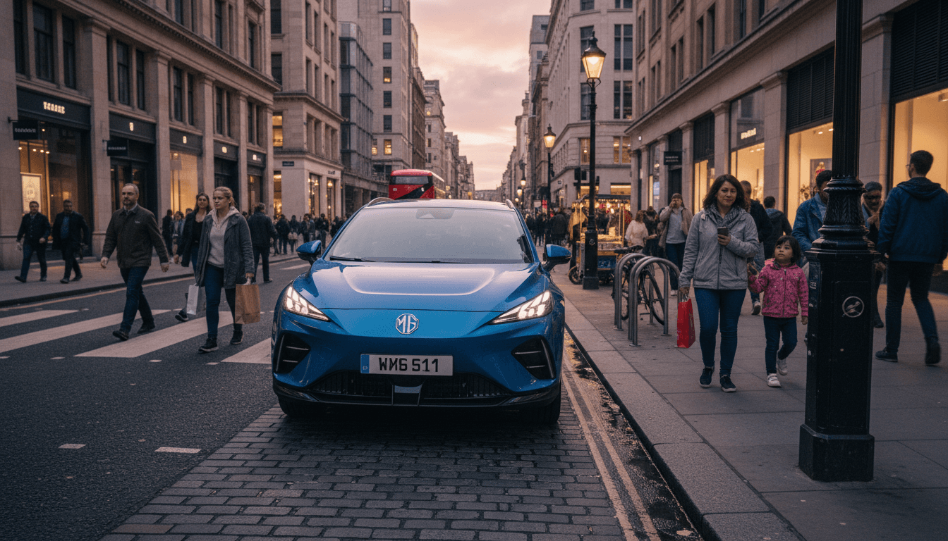 A candid street-level shot of the new MG 4X electric SUV featuring semi-solid-state battery technology, parked on a city street with pedestrians walking by.